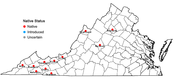 Locations ofCarex leptonervia (Fernald) Fernald in Virginia
