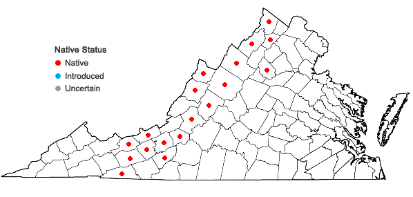 Locations ofDelphinium exaltatum Ait. in Virginia