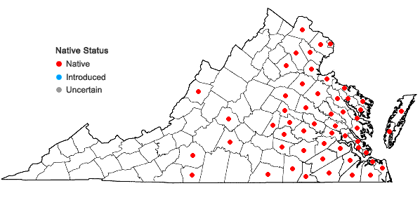 Locations ofPontederia cordata L. var. cordata in Virginia