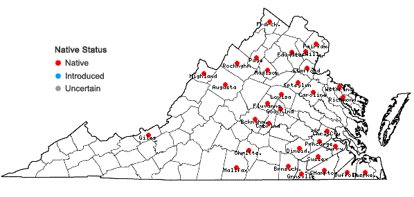 Locations ofCallitriche terrestris Raf. in Virginia