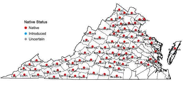 Locations ofDeparia acrostichoides (Sw.) M. Kato in Virginia