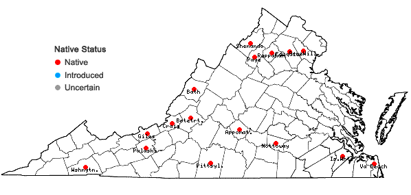 Locations ofThelia lescurii Sullivant in Virginia